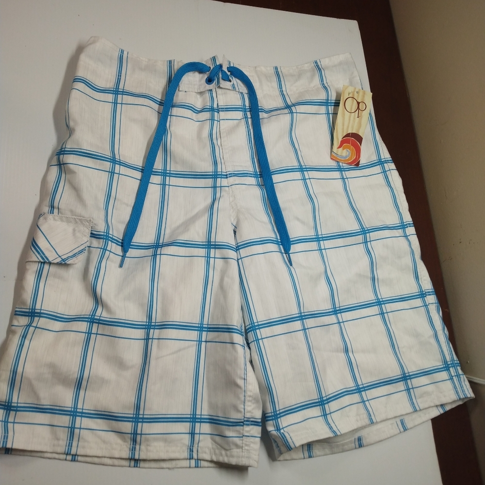 OP Men's Plaid EBoard Shorts White/Blue Short  Size Medium Nwt